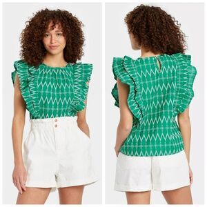 Universal Thread Flounce Embroidered Ruffle Blouse Green XXL Women's